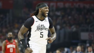 LOS ANGELES, CA - DECEMBER 19: Montrezl Harrell #5 of the LA Clippers reacts to a play during the game against the Houston Rockets on December 19, 2019 at STAPLES Center in Los Angeles, California. NOTE TO USER: User expressly acknowledges and agrees that, by downloading and/or using this Photograph, user is consenting to the terms and conditions of the Getty Images License Agreement. Mandatory Copyright Notice: Copyright 2019 NBAE (Photo by Chris Elise/NBAE via Getty Images)