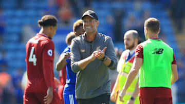 LEICESTER, ENGLAND - SEPTEMBER 01: Jurgen Klopp, Manager of Liverpool celebrates on the final whistle during the Premier League match between Leicester City and Liverpool FC at The King Power Stadium on September 1, 2018 in Leicester, United Kingdom. (Photo by Marc Atkins/Getty Images)