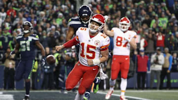 SEATTLE, WA - DECEMBER 23: Quarterback Patrick Mahomes #15 of the Kansas City Chiefs rushes up the middle for a two point conversion during the fourth quarter of the game against the Seattle Seahawks at CenturyLink Field on December 23, 2018 in Seattle, Washington. (Photo by Abbie Parr/Getty Images)