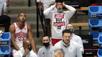 Ohio State Buckeyes players react to an out of bound call during the first round of the 2021 NCAA Tournament on Friday, March 19, 2021, at Mackey Arena in West Lafayette, Ind. Mandatory Credit: Nikos Frazier/IndyStar via USA TODAY Sports