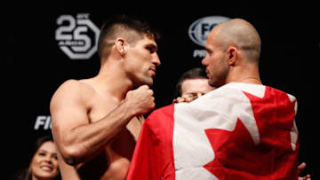 SANTIAGO, CHILE - MAY 18: Vicente Luque (L) of the United States and Chad Laprise of Canada face off during during the UFC Fight Night weigh-in at Movistar Arena on May 18, 2018 in Santiago, Chile. (Photo by Buda Mendes/Zuffa LLC/Zuffa LLC via Getty Images)