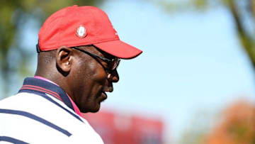 Oct 2, 2016; Chaska, MN, USA; Michael Jordan on the first green during the single matches in 41st Ryder Cup Hazeltine National Golf Club. Mandatory Credit: John David Mercer-USA TODAY Sports