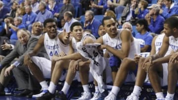 Nov 23, 2014; Lexington, KY, USA; The Kentucky Wildcats bench reacts during the game against the Montana State Bobcats in the second half at Rupp Arena. Kentucky defeated Montana State 86-28. Mandatory Credit: Mark Zerof-USA TODAY Sports