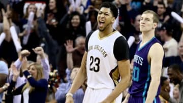 Jan 15, 2016; New Orleans, LA, USA; New Orleans Pelicans forward Anthony Davis (23) celebrates after a dunk against the Charlotte Hornets during the fourth quarter at the Smoothie King Center. The Pelicans defeated the Hornets 109-107 Mandatory Credit: Derick E. Hingle-USA TODAY Sports