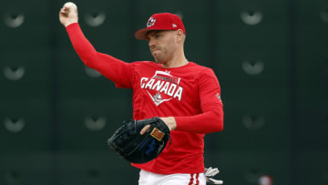 MESA, ARIZONA - MARCH 07: Freddie Freeman #5 of Team Canada works out ahead of the World Baseball Classic at Sloan Park on March 07, 2023 in Mesa, Arizona. (Photo by Chris Coduto/Getty Images)