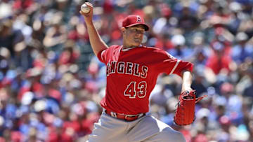 May 1, 2016; Arlington, TX, USA; Los Angeles Angels starting pitcher Garrett Richards (43) throws during the first inning against the Texas Rangers at Globe Life Park in Arlington. Mandatory Credit: Kevin Jairaj-USA TODAY Sports