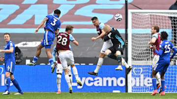 Kasper Schmeichel of Leicester City competes for a header in the opposition box from a corner during the Premier League match between West Ham United. (Photo by Justin Setterfield/Getty Images)