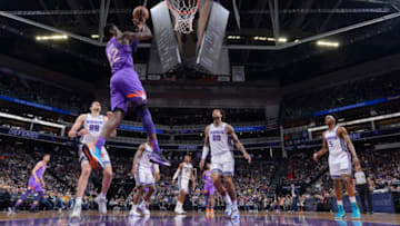 SACRAMENTO, CA - MARCH 23: Deandre Ayton #22 of the Phoenix Suns goes up for the shot against the Sacramento Kings on March 23, 2019 at Golden 1 Center in Sacramento, California. NOTE TO USER: User expressly acknowledges and agrees that, by downloading and or using this photograph, User is consenting to the terms and conditions of the Getty Images Agreement. Mandatory Copyright Notice: Copyright 2019 NBAE (Photo by Rocky Widner/NBAE via Getty Images)