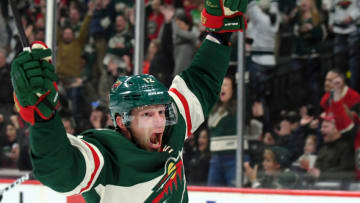 ST. PAUL, MN - MARCH 19: Minnesota Wild Center Eric Staal (12) celebrates his 39th goal of the season in the 2nd period during a NHL game between the Minnesota Wild and Los Angeles Kings on March 19, 2018 at Xcel Energy Center in St. Paul, MN. The Kings defeated the Wild 4-3 in overtime.(Photo by Nick Wosika/Icon Sportswire via Getty Images)