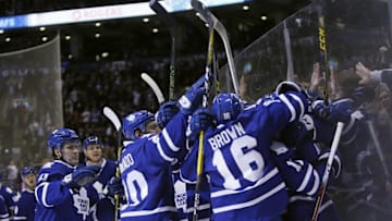 Mar 24, 2016; Toronto, Ontario, CAN; Toronto Maple Leafs congratulate Toronto Maple Leafs forward Nazem Kadri (not seen) on scoring the winning goal against the Anaheim Ducks at the Air Canada Centre. Toronto defeated Anaheim 6-5 in overtime. Mandatory Credit: John E. Sokolowski-USA TODAY Sports