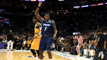 LOS ANGELES, CALIFORNIA - SEPTEMBER 01: Joe Johnson #1 of the Triplets reacts after making the final basket to win the BIG3 Championship over the Killer 3s at Staples Center on September 01, 2019 in Los Angeles, California. (Photo by Harry How/BIG3 via Getty Images)