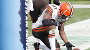 NASHVILLE, TENNESSEE - DECEMBER 06: Jarvis Landry # 80 of the Cleveland Browns celebrates a touchdown against the Tennessee Titans in the first quarter at Nissan Stadium on December 06, 2020 in Nashville, Tennessee. (Photo by Frederick Breedon/Getty Images)