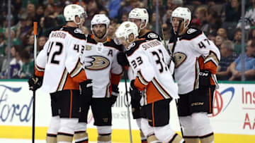 DALLAS, TX - OCTOBER 13: Jakob Silfverberg #33 of the Anaheim Ducks celebrates his goal against the Dallas Stars in the first period at American Airlines Center on October 13, 2018 in Dallas, Texas. (Photo by Ronald Martinez/Getty Images)
