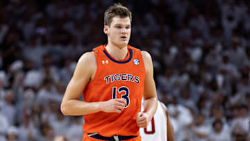 FAYETTEVILLE, ARKANSAS - FEBRUARY 08: Walker Kessler #3 of the Auburn Tigers jogs down the court during a game against the Arkansas Razorbacks at Bud Walton Arena on February 08, 2022 in Fayetteville, Arkansas. The Razorbacks defeated the Tigers 80-76. (Photo by Wesley Hitt/Getty Images)