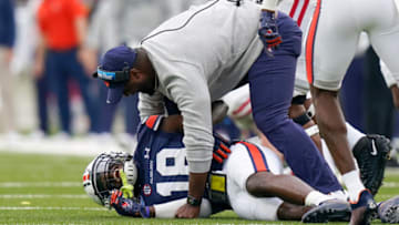 Auburn footballDec 28, 2021; Birmingham, Alabama, USA; Auburn Tigers defensive coach Zac Etheridge celebrates with Auburn Tigers cornerback Nehemiah Pritchett (18) after he intercepted a pass against Houston Cougars during the second half of the 2021 Birmingham Bowl at Protective Stadium. Mandatory Credit: Marvin Gentry-USA TODAY Sports