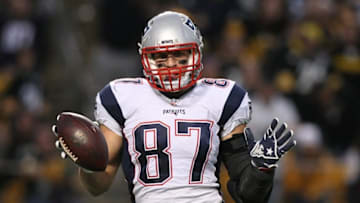 Oct 23, 2016; Pittsburgh, PA, USA; New England Patriots tight end Rob Gronkowski (87) celebrates a touchdown against the Pittsburgh Steelers during the second half at Heinz Field. The Patriots won the game, 27-16. Mandatory Credit: Jason Bridge-USA TODAY Sports