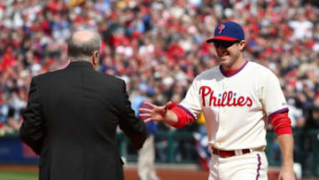 PHILADELPHIA - APRIL 08: Chase Utley #26 of the Philadelphia Phillies accepts his World Series ring during a ceremony prior to the game against the Atlanta Braves at Citizens Bank Park on April 8, 2009 in Philadelphia, Pennsylvania. (Photo by Nick Laham/Getty Images)