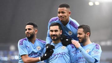 MANCHESTER, ENGLAND - JANUARY 26: Ilkay Gundogan of Manchester City celebrates after scoring his team's first goal with Gabriel Jesus, Riyad Mahrez and Bernardo Silva during the FA Cup Fourth Round match between Manchester City and Fulham at Etihad Stadium on January 26, 2020 in Manchester, England. (Photo by Laurence Griffiths/Getty Images)