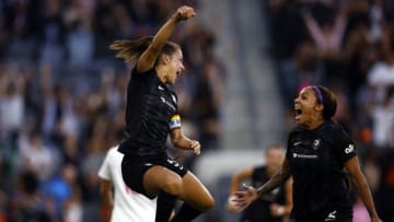 Ali Riley and Sydney Leroux of Angel City FC celebrate a goal against San Diego Wave FC (Photo by Ronald Martinez/Getty Images)