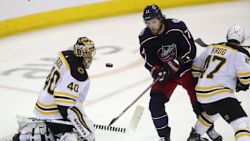 COLUMBUS, OH - MAY 6: Boston Bruins goaltender Tuukka Rask (40) blocks a shot in front of teammate Torey Krug (47) and Columbus Blue Jackets right wing Josh Anderson (77) during the second period. The Columbus Blue Jackets host the Boston Bruins in Game 6 of the Eastern Conference semifinals at Nationwide Arena in Columbus, OH on May 6, 2019. (Photo by Matthew J. Lee/The Boston Globe via Getty Images)