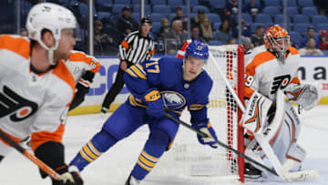 BUFFALO, NEW YORK - SEPTEMBER 27: Brandon Biro #17 of the Buffalo Sabres skates during the first period against the Philadelphia Flyers at KeyBank Center on September 27, 2022 in Buffalo, New York. (Photo by Joshua Bessex/Getty Images)
