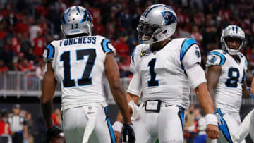 ATLANTA, GA - DECEMBER 31: Cam Newton #1 celebrates a touchdown with Devin Funchess #17 of the Carolina Panthers during the first half against the Atlanta Falcons at Mercedes-Benz Stadium on December 31, 2017 in Atlanta, Georgia. (Photo by Kevin C. Cox/Getty Images)
