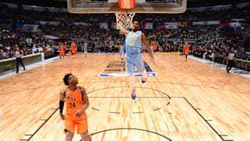 LOS ANGELES, CA - FEBRUARY 16: Donovan Mitchell #45 of the USA Team dunks the ball against the World Team during the Mountain Dew Kickstart Rising Stars Game during All-Star Friday Night as part of 2018 NBA All-Star Weekend at the STAPLES Center on February 16, 2018 in Los Angeles, California. Copyright 2018 NBAE (Photo by Jesse D. Garrabrant/NBAE via Getty Images)