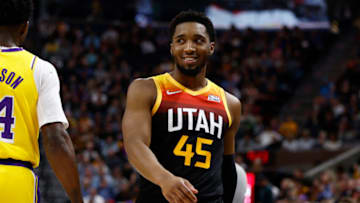 Mar 31, 2022; Salt Lake City, Utah, USA; Utah Jazz guard Donovan Mitchell (45) reacts in the third quarter Los Angeles Lakers at Vivint Arena. Mandatory Credit: Jeffrey Swinger-USA TODAY Sports