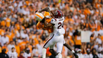 Marquez Callaway #1 catches a pass while defended by Israel Mukamu #24. (Photo by Silas Walker/Getty Images)