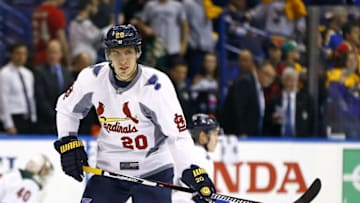 Apr 11, 2015; St. Louis, MO, USA; St. Louis Blues left wing Alexander Steen (20) takes the ice wearing a special warm-up jersey commemorating a new season for the St. Louis Cardinals on Saturday against the Minnesota Wild at Scottrade Center. Mandatory Credit: Billy Hurst-USA TODAY Sports