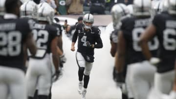 Dec 20, 2015; Oakland, CA, USA; Oakland Raiders quarterback Derek Carr (4) takes the field before the start of the game against the Green Bay Packers at O.co Coliseum. Mandatory Credit: Cary Edmondson-USA TODAY Sports