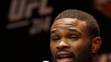 LOS ANGELES, CA - JULY 26: Tyron Woodley (L) speaks during the UFC 214 Press Conference with Demian Maia at The Novo by Microsoft July 26, 2017, in Los Angeles, California. (Photo by Kevork Djansezian/Zuffa LLC via Getty Images)