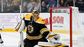 BOSTON, MA - OCTOBER 19: Boston Bruins goalie Anton Khudobin (35) makes a left glove save during a game between the Boston Bruins and the Vancouver Canucks on October 19, 2017, at TD Garden in Boston, Massachusetts. The Bruins defeated the Canucks 6-3. (Photo by Fred Kfoury III/Icon Sportswire via Getty Images)