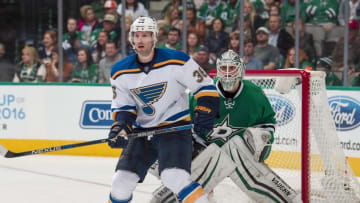 Mar 12, 2016; Dallas, TX, USA; St. Louis Blues right wing Troy Brouwer (36) screens Dallas Stars goalie Antti Niemi (31) during the second period at the American Airlines Center. Brouwer scores a goal in the first. Mandatory Credit: Jerome Miron-USA TODAY Sports