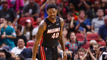 Udonis Haslem #40 of the Miami Heat reacts after making a basket against the Oklahoma City Thunder(Photo by Michael Reaves/Getty Images)