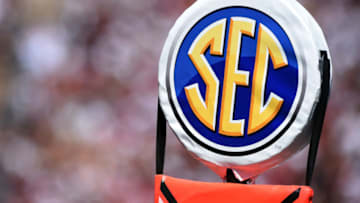 COLUMBIA, SC - SEPTEMBER 01: A detail view of the SEC logo on a field marker during the game between the Coastal Carolina Chanticleers and the South Carolina Gamecocks at Williams-Brice Stadium on September 1, 2018 in Columbia, South Carolina. (Photo by Lance King/Getty Images)
