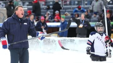 Jan 26, 2014; New York City, NY, USA; NHL former player Mike Milbury skates with youngsters on a miniature rink before the Stadium Series hockey game between the New Jersey Devils and the New York Rangers at Yankee Stadium. Mandatory Credit: Ed Mulholland-USA TODAY Sports