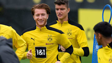 DORTMUND, GERMANY - SEPTEMBER 04: (BILD ZEITUNG OUT) Marco Reus of Borussia Dortmund laughs during the Borussia Dortmund Training Session on September 04, 2020 in Dortmund, Germany. (Photo by Alex Gottschalk/DeFodi Images via Getty Images)