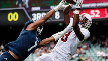 SYDNEY, NEW SOUTH WALES - AUGUST 27: Justin Reid of Stanford catches the ball as Justin Bickham of Rice attempts to spoil during the College Football Sydney Cup match between Stanford University (Stanford Cardinal) and Rice University (Rice Owls) at Allianz Stadium on August 27, 2017 in Sydney, Australia. (Photo by Brook Mitchell/Getty Images)