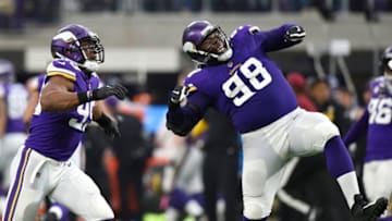 MINNEAPOLIS, MN - DECEMBER 17: Danielle Hunter #99 of the Minnesota Vikings and Linval Joseph #98 celebrate a sack in the second quarter of the game against the Cincinnati Bengals on December 17, 2017 at U.S. Bank Stadium in Minneapolis, Minnesota. (Photo by Hannah Foslien/Getty Images)