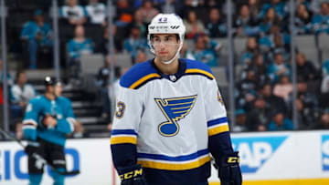 SAN JOSE, CA - MARCH 08: Jordan Schmaltz #43 of the St. Louis Blues looks on during the game against the San Jose Sharks at SAP Center on March 8, 2018 in San Jose, California. (Photo by Rocky W. Widner/NHL/Getty Images) *** Local Caption *** Jordan Schmaltz
