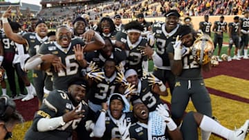 MINNEAPOLIS, MINNESOTA - OCTOBER 26: The Minnesota Gophers pose for a photo after defeating the Maryland Terrapins in the game at TCF Bank Stadium on October 26, 2019 in Minneapolis, Minnesota. The Gophers defeated the Terrapins 52-10. (Photo by Hannah Foslien/Getty Images)