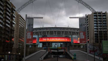 LONDON, ENGLAND - MARCH 20: A general view of Wembley stadium advertising the Euro's football tournament on March 20, 2020 in London, England. Coronavirus (Covid-19) has spread to at least 182 countries, claiming over 10,000 lives and infecting almost 250,000. There have now been 3,269 diagnosed cases in the UK and 144 deaths. (Photo by Justin Setterfield/Getty Images)