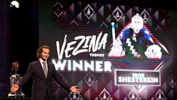 TAMPA, FLORIDA - JUNE 21: Igor Shesterkin of the New York Rangers reacts after being awarded the Vezina Trophy for outstanding goaltender during the 2022 NHL Awards at Armature Works on June 21, 2022 in Tampa, Florida. (Photo by Bruce Bennett/Getty Images)