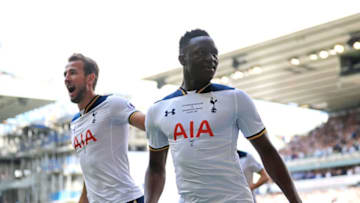 LONDON, ENGLAND - MAY 14: Victor Wanyama of Tottenham Hotspur celebrates scoring his sides first goal with Harry Kane of Tottenham Hotspur during the Premier League match between Tottenham Hotspur and Manchester United at White Hart Lane on May 14, 2017 in London, England. Tottenham Hotspur are playing their last ever home match at White Hart Lane after their 118 year stay at the stadium. Spurs will play at Wembley Stadium next season with a move to a newly built stadium for the 2018-19 campaign. (Photo by Richard Heathcote/Getty Images)