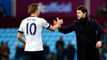 BIRMINGHAM, ENGLAND - MARCH 13: Mauricio Pochettino manager of Tottenham Hotspur and Harry Kane of Tottenham Hotspur shake hands after victory in the Barclays Premier League match between Aston Villa and Tottenham Hotspur at Villa Park on March 13, 2016 in Birmingham, England. (Photo by Stu Forster/Getty Images)