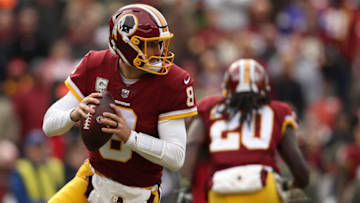 LANDOVER, MD - NOVEMBER 12: Quarterback Kirk Cousins No. 8 of the Washington Redskins looks to pass against the Minnesota Vikings during the first half at FedExField on November 12, 2017 in Landover, Maryland. (Photo by Patrick Smith/Getty Images)