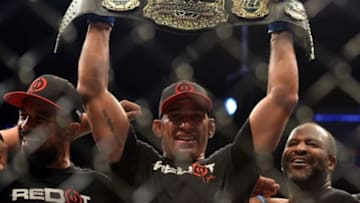 MEXICO CITY, MEXICO - JUNE 13: Fabricio Werdum of Brazil celebrates after defeating Cain Velasquez of the United States in their UFC heavyweight championship bout during the UFC 188 event inside the Arena Ciudad de Mexico on June 13, 2015 in Mexico City, Mexico. (Photo by Jeff Bottari/Zuffa LLC/Zuffa LLC via Getty Images)