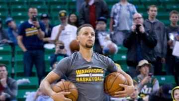 Nov 30, 2015; Salt Lake City, UT, USA; Golden State Warriors guard Stephen Curry (30) warms up prior to the game against the Utah Jazz at Vivint Smart Home Arena. Mandatory Credit: Russ Isabella-USA TODAY Sports