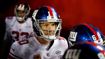 LANDOVER, MD - NOVEMBER 23: Quarterback Eli Manning No. 10 of the New York Giants waits to take the field before the start of their game against the Washington Redskins at FedExField on November 23, 2017 in Landover, Maryland. (Photo by Rob Carr/Getty Images)